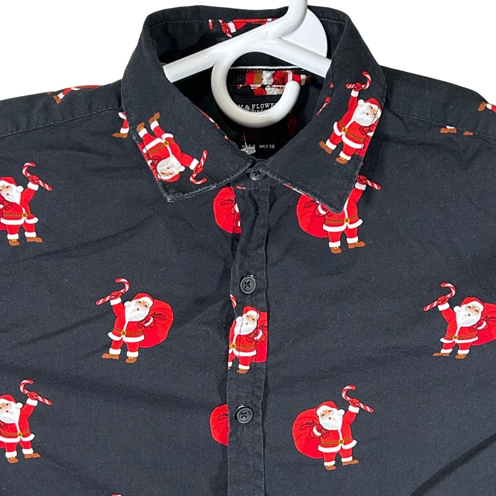 Denim & Flower Ricky Singh Mens Small Black Santa Claus Christmas Button Up